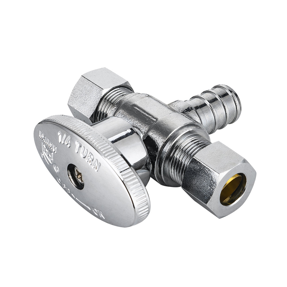 10 Pcs 1/2" PEX Crimp x 3/8" OD Compr. x 3/8" OD Compr. Dual Outlet Angle Stop Valve, 1/4 Turn (Lead Free)