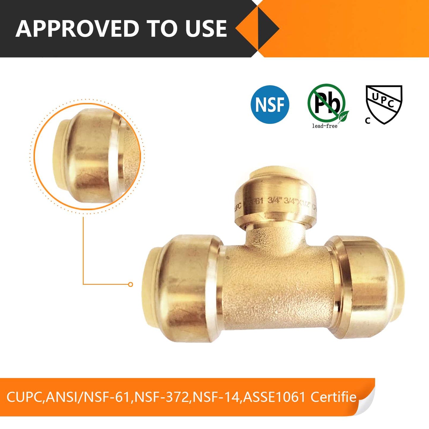 3/4" x 3/4" x 1/2" Push Fit Tee