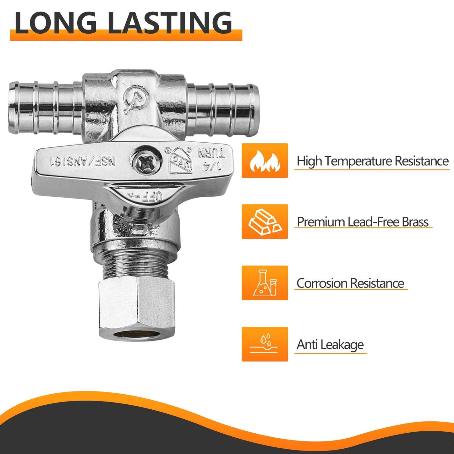 10 Pcs 1/2" PEX Crimp x 1/2" PEX Crimp x 3/8" OD Compr. Tee Stop Valve, 1/4 Turn (Lead Free)
