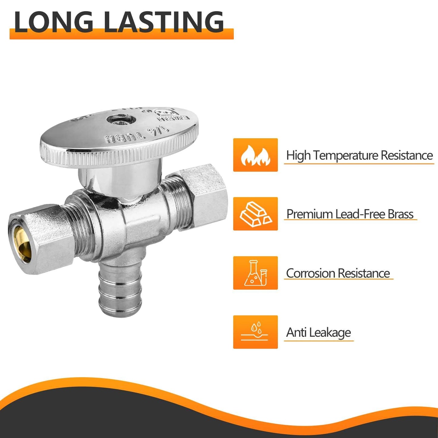 10 Pcs 1/2" PEX Crimp x 3/8" OD Compr. x 3/8" OD Compr. Dual Outlet Angle Stop Valve, 1/4 Turn (Lead Free)
