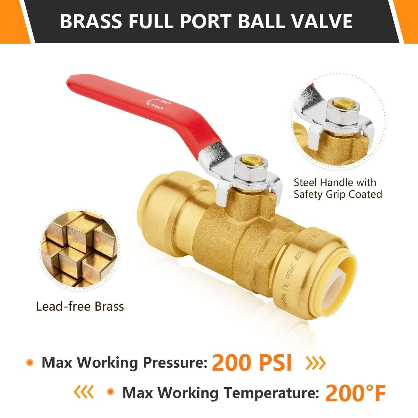 10 Pcs 3/4" Push Fit Ball Valve, Red (Lead Free)