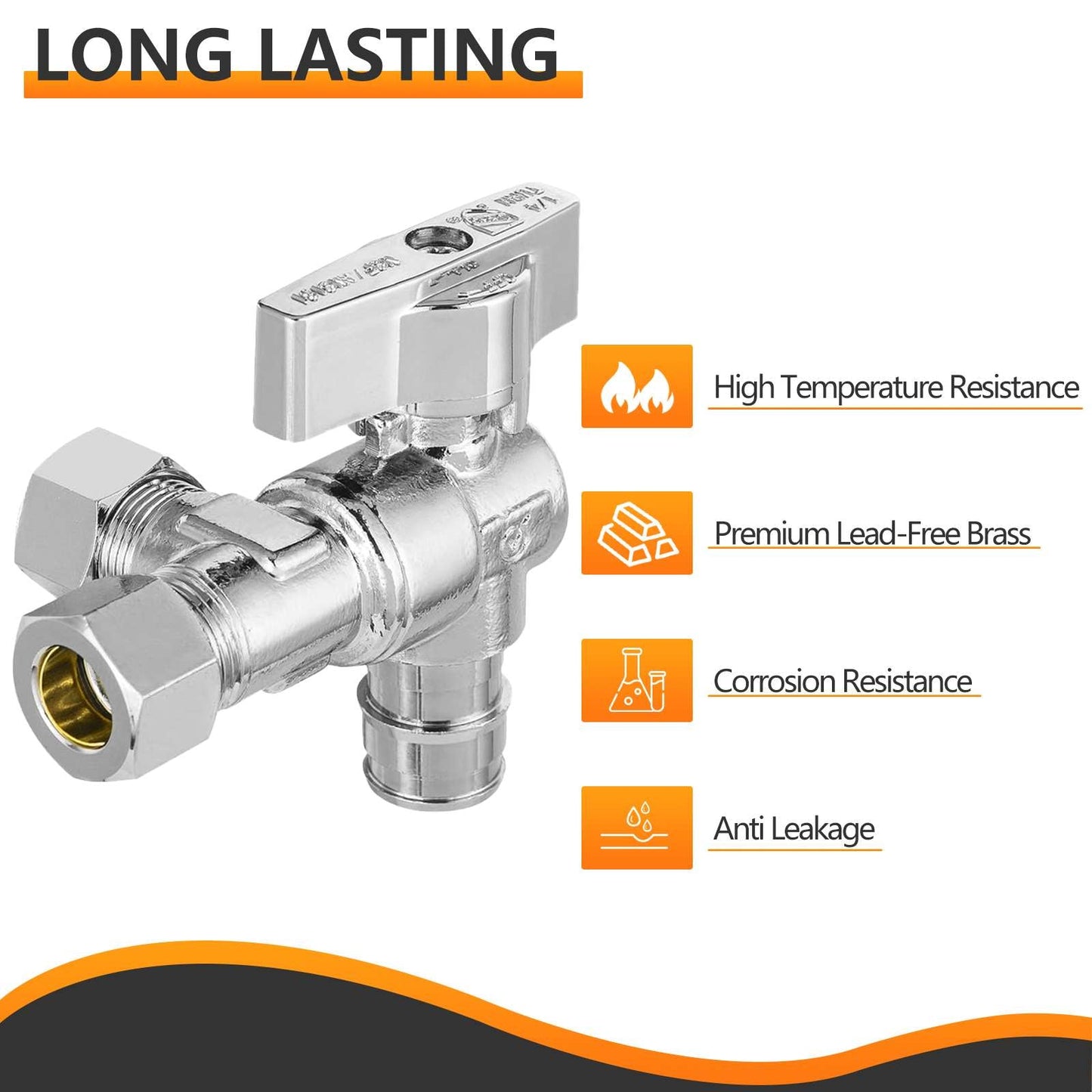 10 Pcs 1/2" Pex-a Expansion (F1960) Inlet x 3/8" OD Compr. x 3/8" OD Compr. Split, Angle Stop Valve, Quarter Turn (Lead Free)