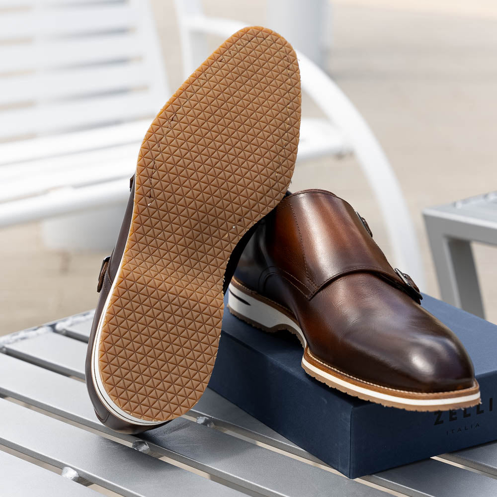 Zelli Italia 55-103-BRN LEGERRA Hand Burnished Italian Calfskin Monkstrap, Brown