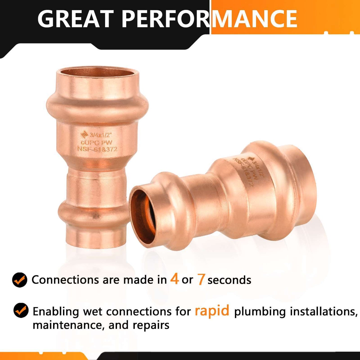 3/4" x 1/2" Copper Press x Press Coupling NO Stop (Lead Free)