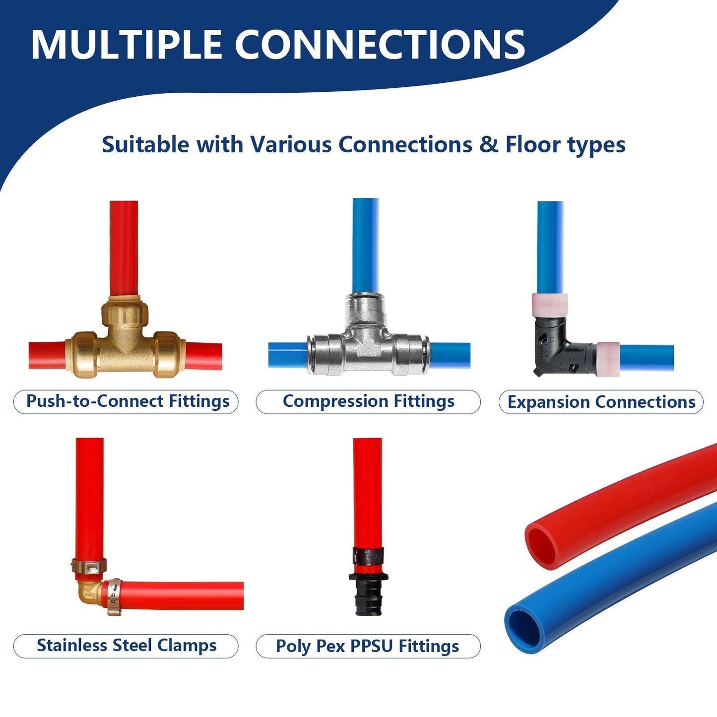 3/4" 2 x100ft, 200ft PEX-A Tubing (Blue & Red), 3/4" Poly Expansion Elbow & Tee & Coupler (15 PCS), Expansion Rings (50 PCS), Pipe Cutter