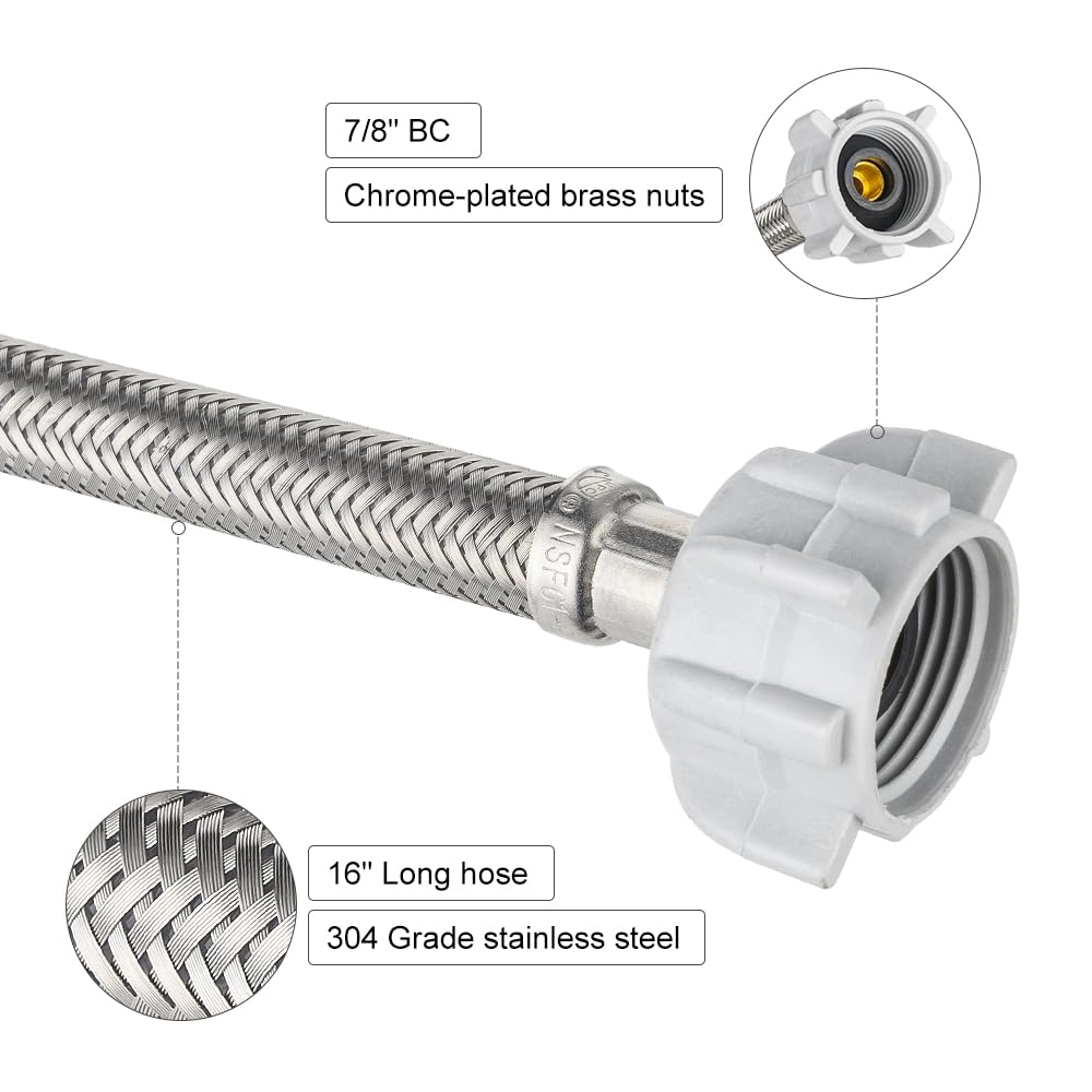 10 Pcs 3/8" C x 7/8" BC, 16" SS Braided Toliet Hose