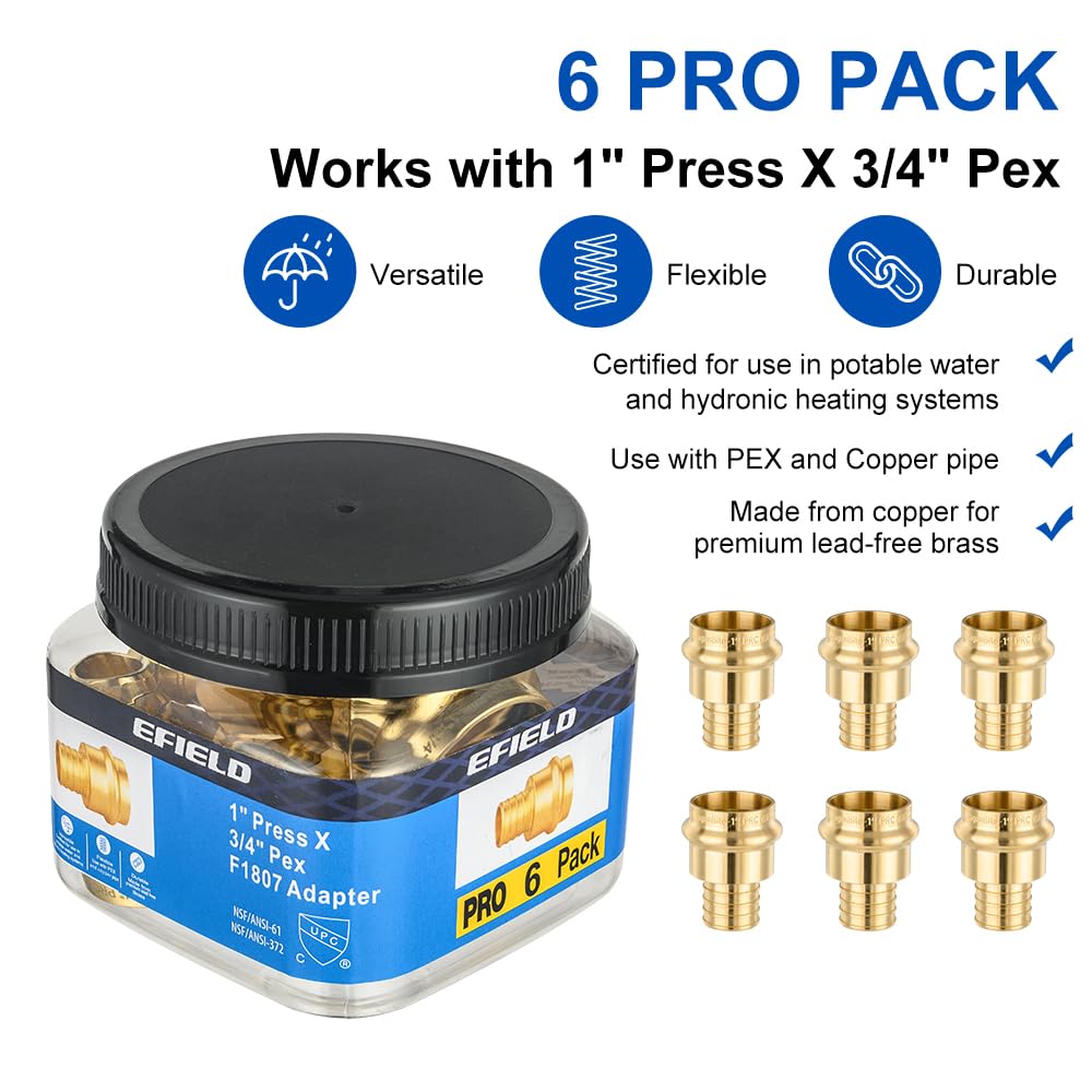 Pro 6-Pack 1" Press x 3/4" PEX Crimp Brass Adapter (Lead Free)