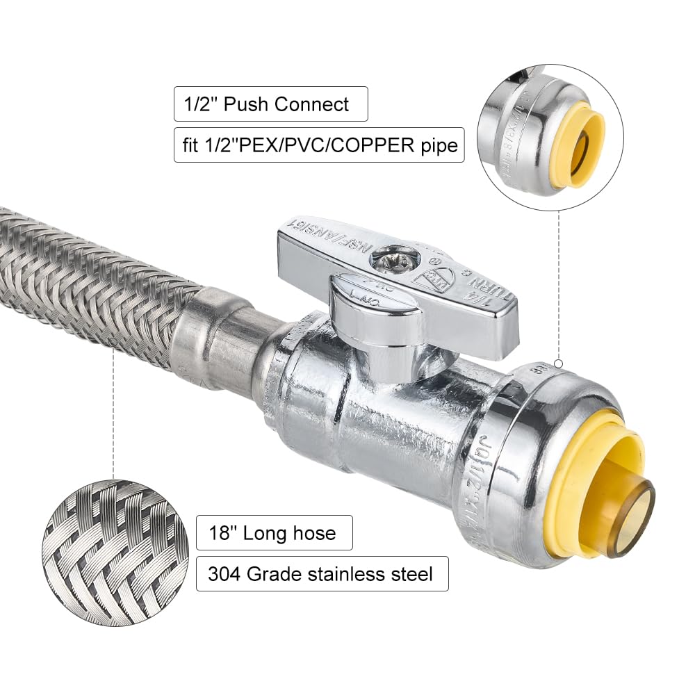 10 Pcs 18" 1/2" Push x 1/2" FIP Faucet Hose Connector,1/4-Turn, Straight
