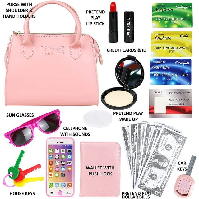 Little Girls Purse, Click N' Play Pretend Play Purse 20 Piece Set, Toys for Girls 3+, Toy Purse with Makeup, Smartphone, Wallet, Keys, Sunglasses EasyOptionXY LLC