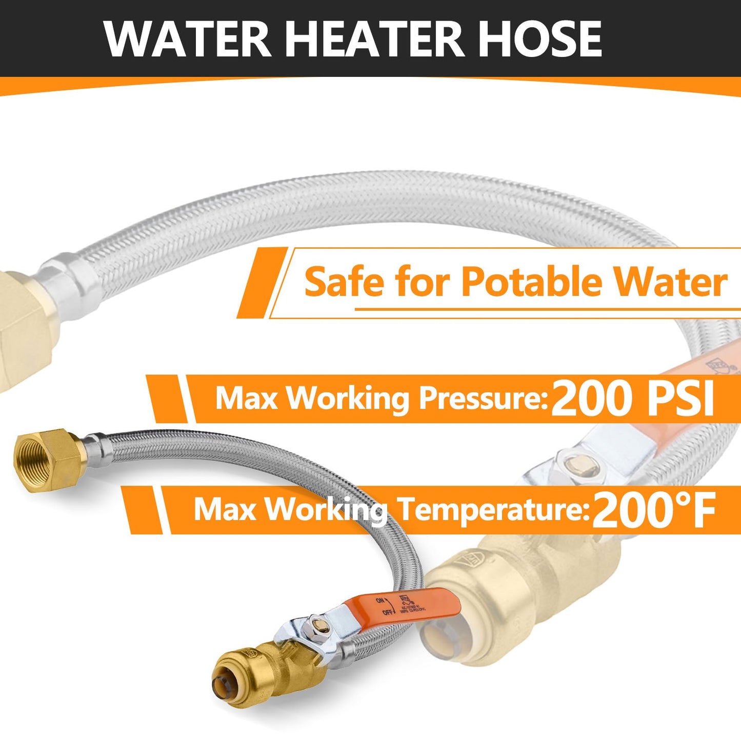 10 Pcs 3/4" Push fit x 3/4" FIP, 15" Flexible Water Heater Connector Hose, with Ball Valve