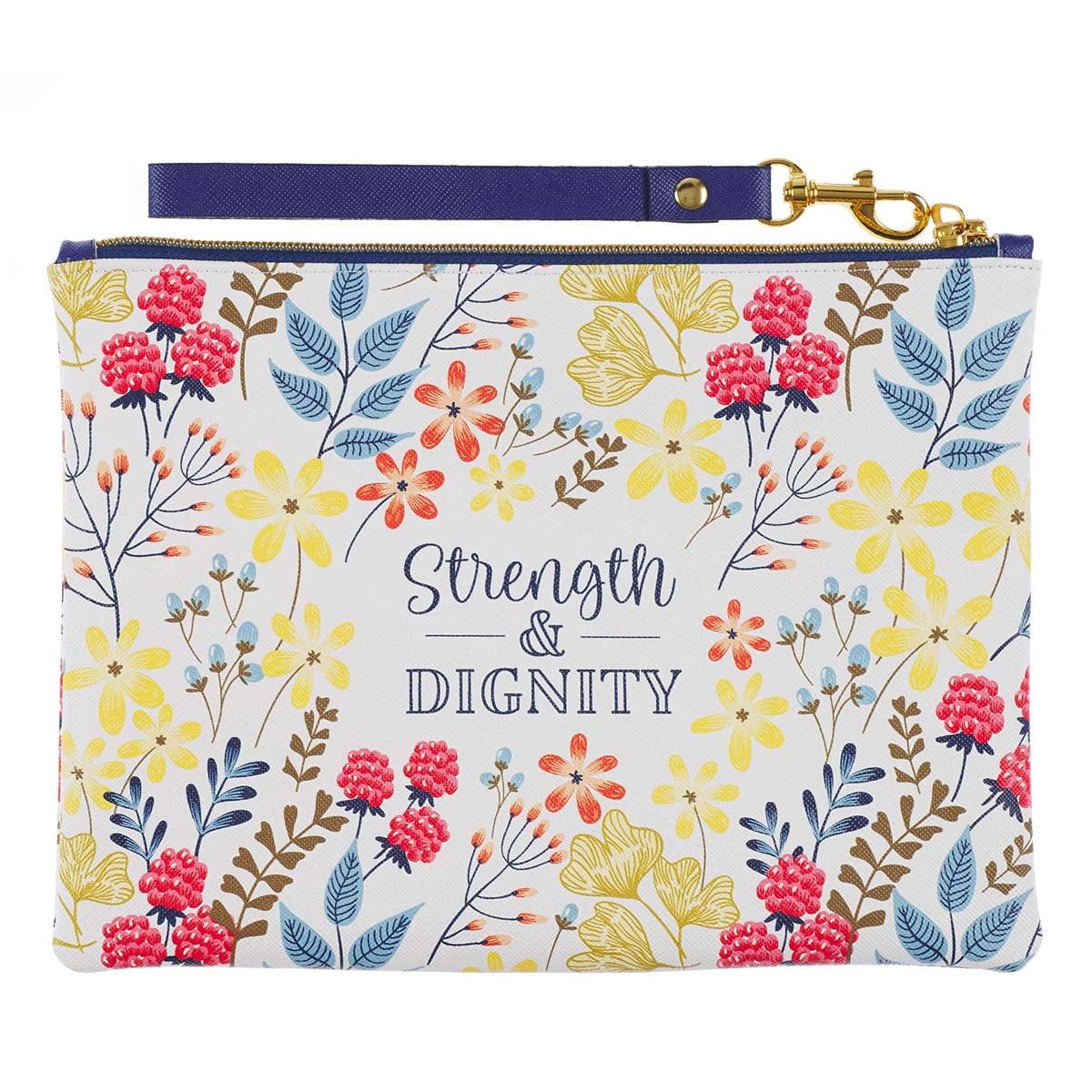 Womens Wristlet Clutch Zippered Pouch w/Wrist Strap Strength & Dignity Faux Leather, Floral/White, Slim Case Accessory for Cosmetics, Travel, Organization, 7.1" x 9.4", With Love EasyOptionXY LLC