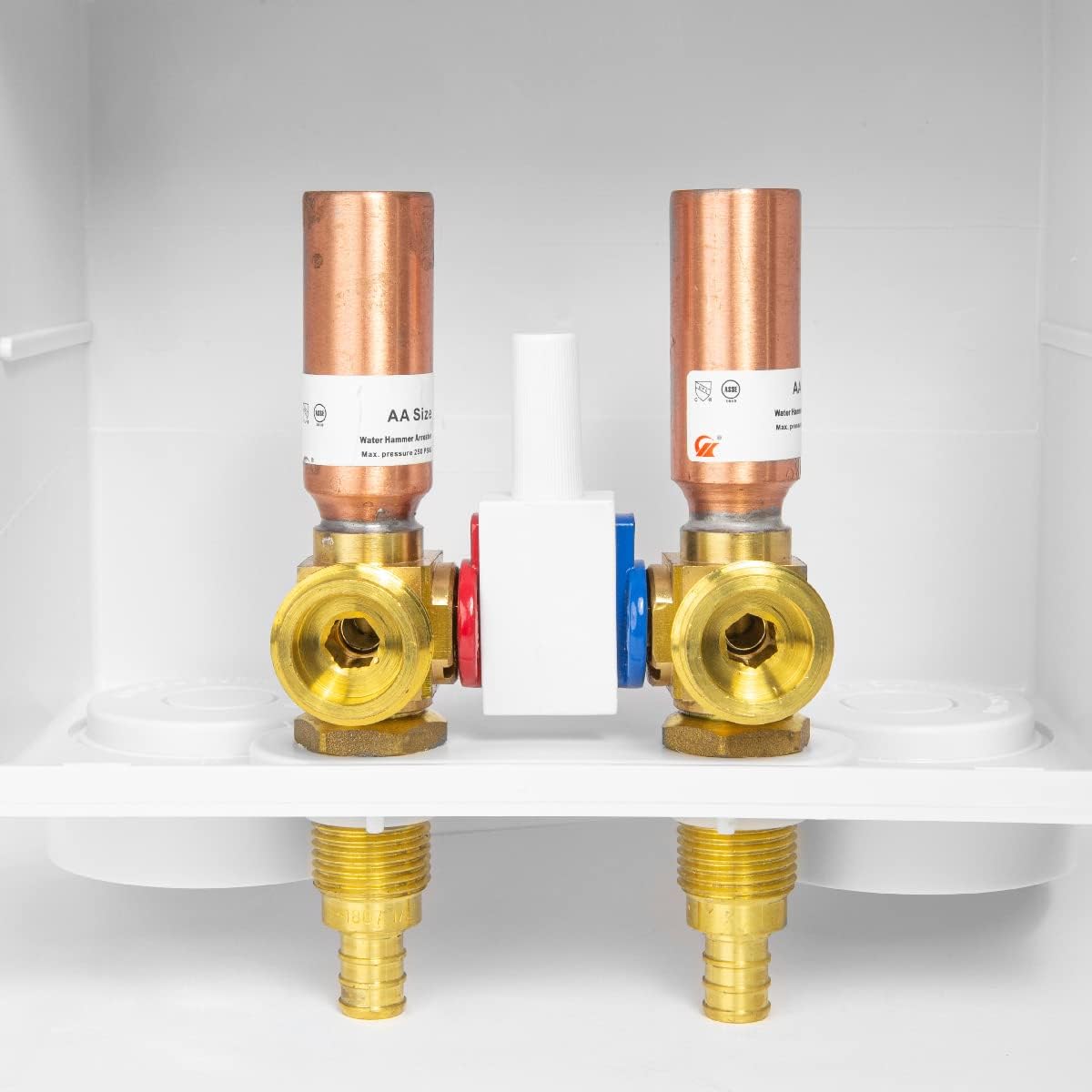 1/2" PEX Crimp (F1807) Inlet, Washing Machine Outlet Box, Single Control Valve, Copper Water Hammer Arrestor