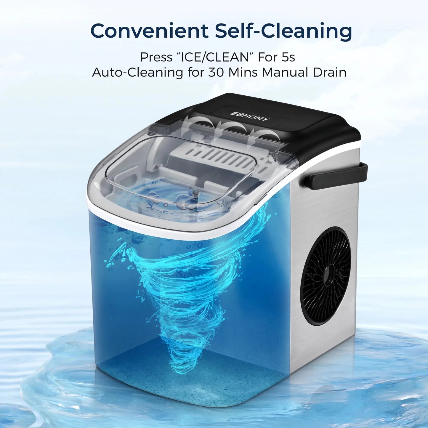 Euhomy Countertop Ice Maker Machine with Handle, 26 lbs/24H, 9 Cubes in 6 Mins, Auto-Cleaning Portable Ice Maker,Silver