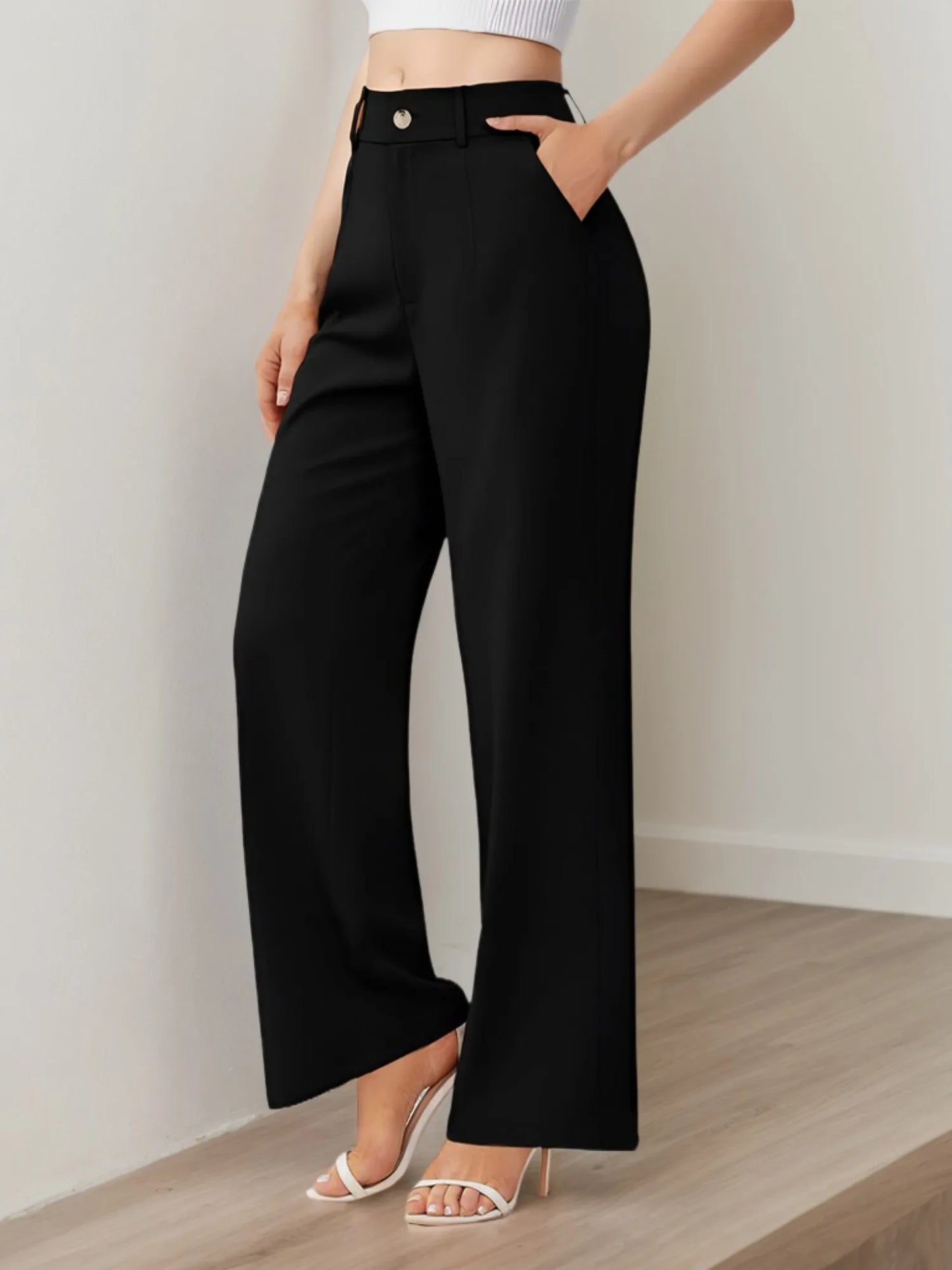 Wide Leg Pants High Waisted Capris Straight Long Trousers with Pockets elegante women clothes
