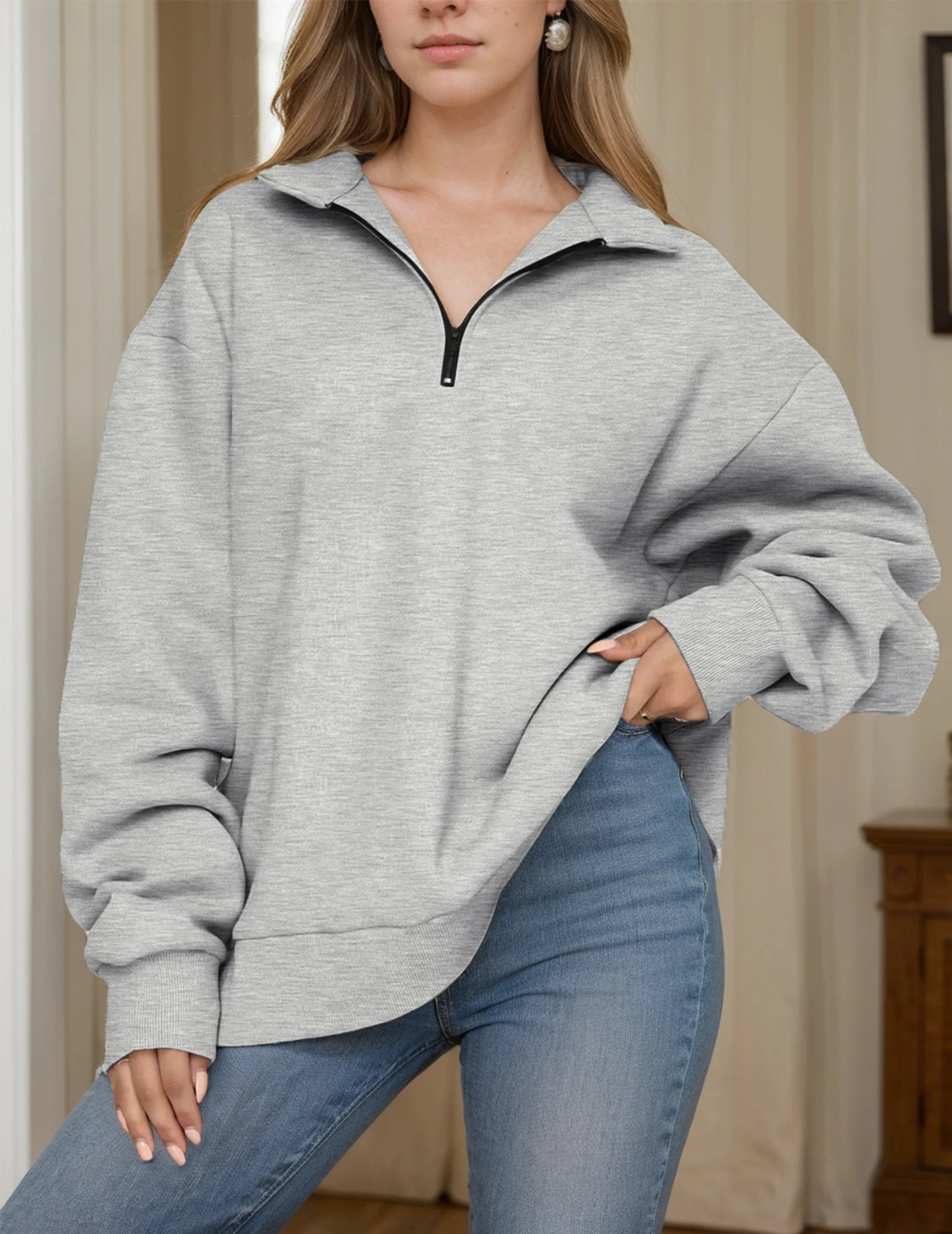Womens Oversized Sweatshirts Half Zip Pullover Fall Trendy Fashion Outfits Drop Shoulder Tunic Pullover Tops