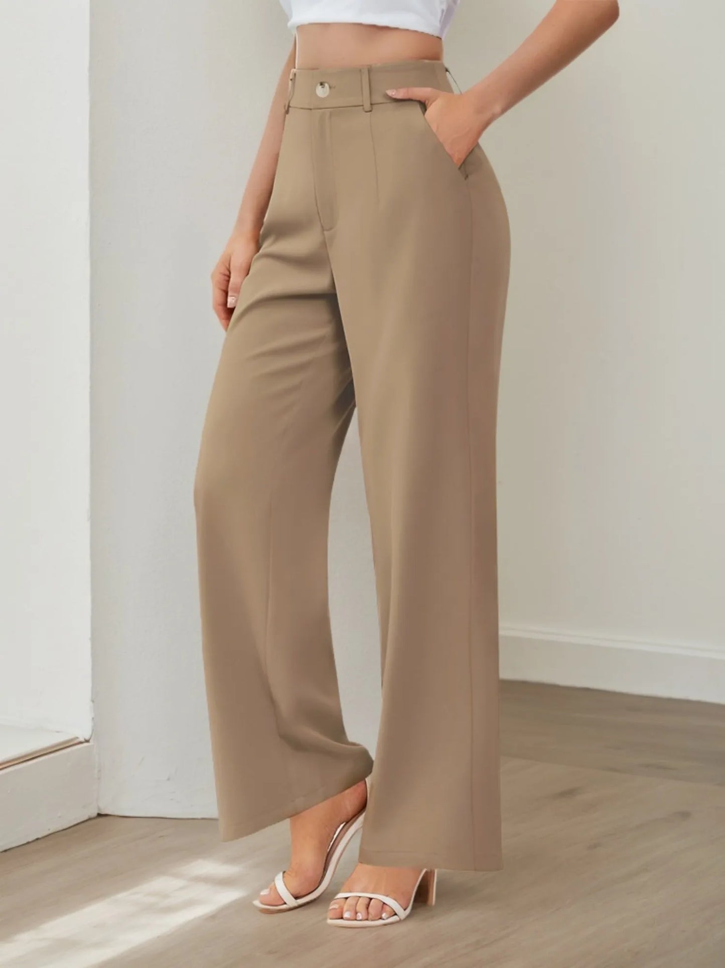 Wide Leg Pants High Waisted Capris Straight Long Trousers with Pockets elegante women clothes