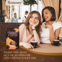 Two women enjoying Xemenry Organic Mushroom Coffee in a cafe setting, promoting health benefits and social moments.