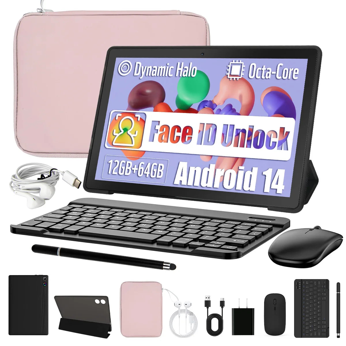 A10L 10 Inch Tablet Android 14 12GB RAM 64GB ROM 1TB Expand WiFi6 Face Unlock HD IPS Screen Keyboard Mouse Stylus With Pick Bag