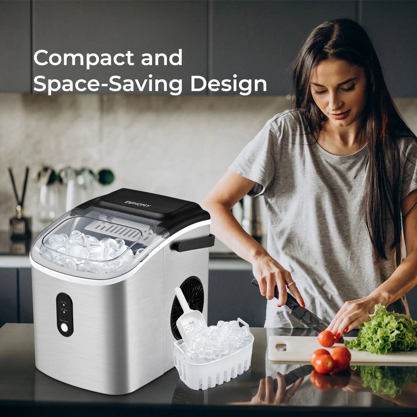 Euhomy Countertop Ice Maker Machine with Handle, 26 lbs/24H, 9 Cubes in 6 Mins, Auto-Cleaning Portable Ice Maker,Silver