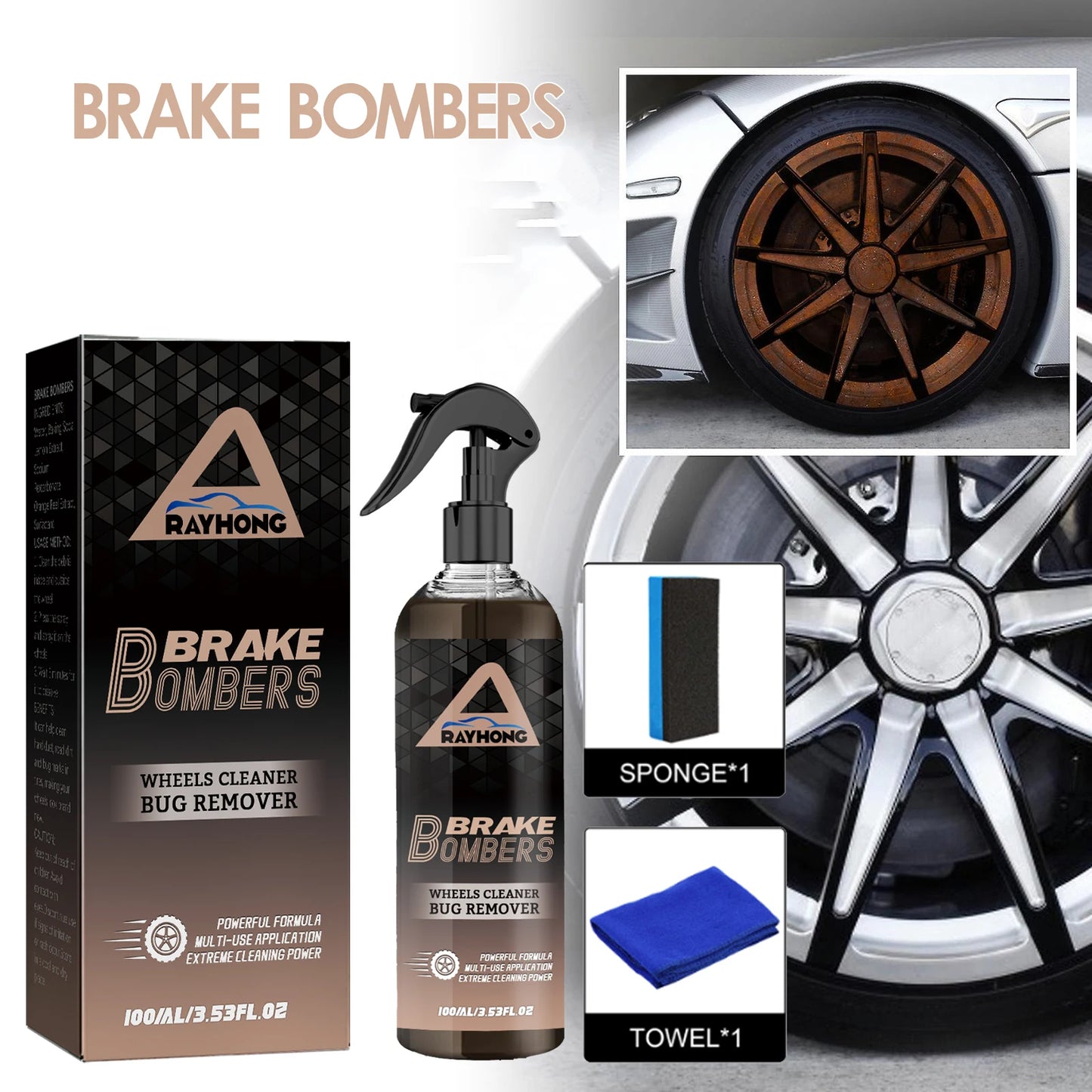 RAYHONG Car Wheel Cleaner Spray Dust Removal Protect Wheels And Brake Discs From Iron Rim Rust Cleaner Auto Detail Chemical Care