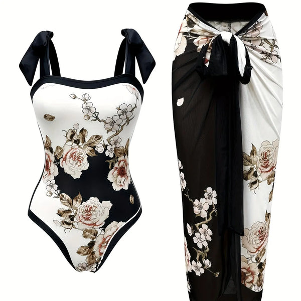 Elegant Floral Print Swimsuit Set: Tie Straps, Matching Sarong Included, Showcasing Romantic Beach Vibes