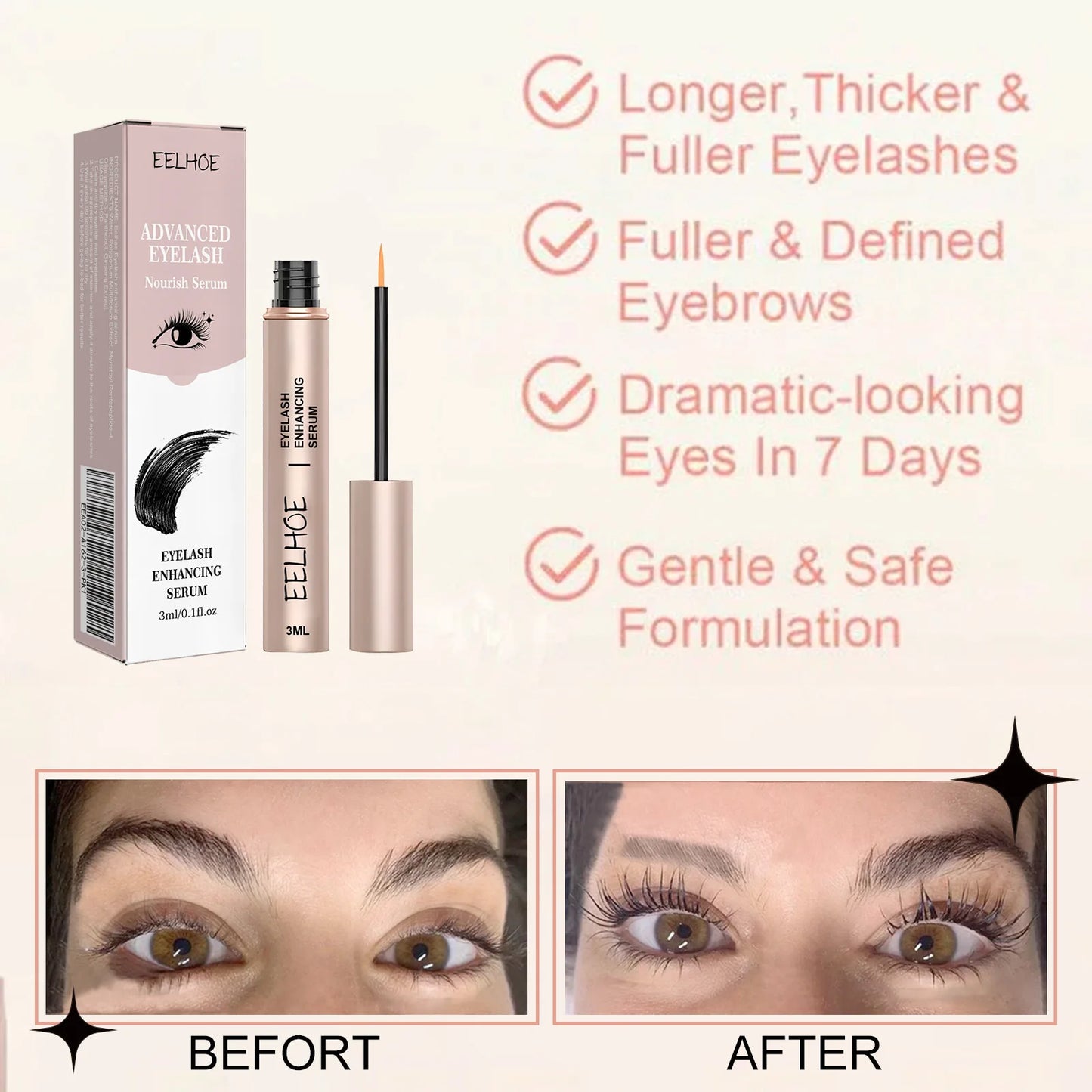 Eelhoe 3ml Eyelash Growth Serum Strengthen Eye Lash Curl Lengthening Makeup Enhancer Lash Eyebrow Fuller Thicken Eyelash Serum