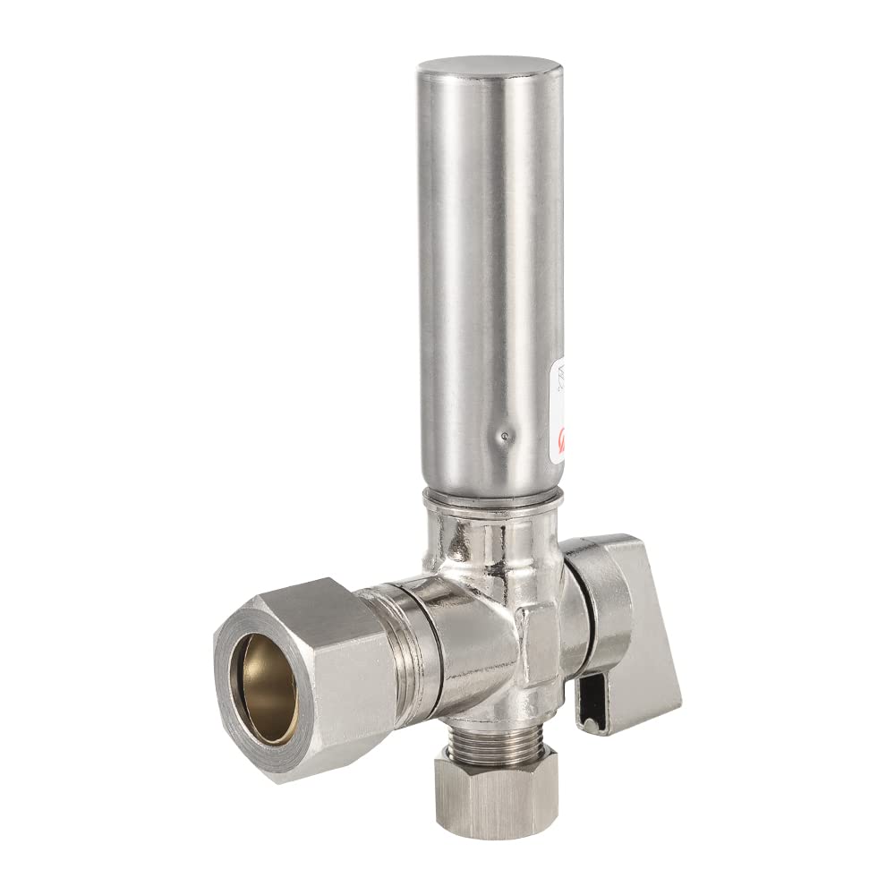 1/4 Turn Stop Angle Valve, 1/2" Nominal (5/8" OD) Compression x 3/8" OD With Stainless Steel Water Hammer Arrestor, Chrome Plated Brass