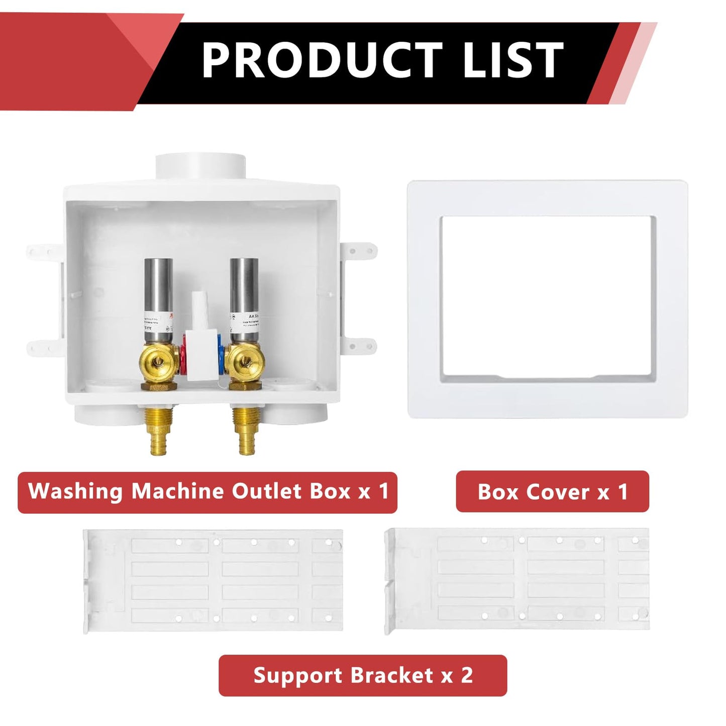 1/2" PEX Expansion (F1960) Inlet, Washing Machine Outlet Box, Single Control Valve, with SS Hammer Arrestor