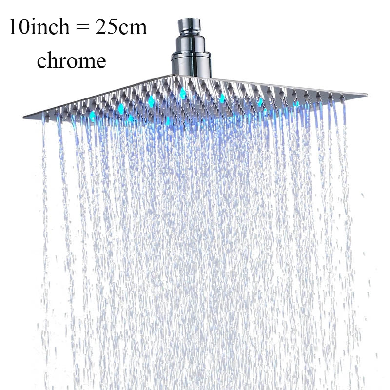 Luxury Chrome LED Rainfall Shower Head Stainless Steel Square Color Changing Lights Shower head Water Flow Generates