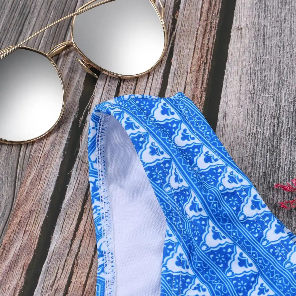 Sexy Two-Piece Swimsuits Women Bikini Set Retro Ethnic Print Beach Wear Blue Color Low Waist Brazilian Girls Bathing Suits