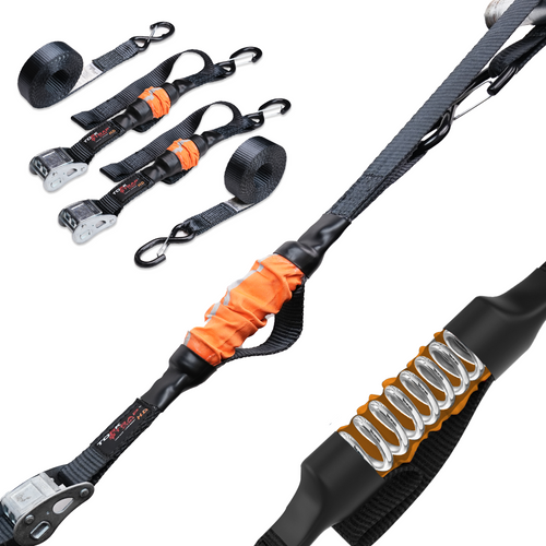 TorkStrap HD750 | 14'x1.5'' Spring Loaded Tie Down Straps - Adapts to Load Shifts - Heavy Duty 2250lbs Max Load - Just Pull Alternative to Ratchet Straps w/Hooks - Secure Motorcycles, Kayaks TorkStrap