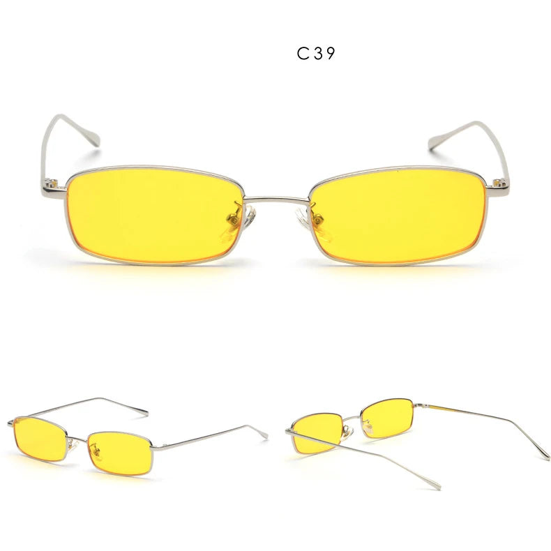 Vintage Small Narrow Rectangle Sunglasses Women Men Brand Red Clear Lens Skinny Slim Wire Retro Hip Hop Sun Glasses Shades OM522