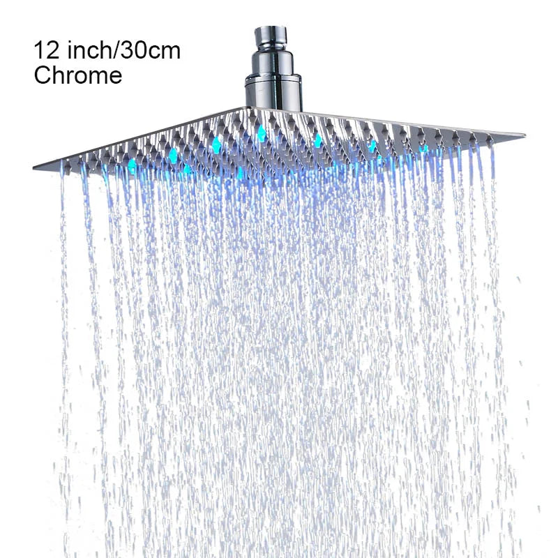 Luxury Chrome LED Rainfall Shower Head Stainless Steel Square Color Changing Lights Shower head Water Flow Generates
