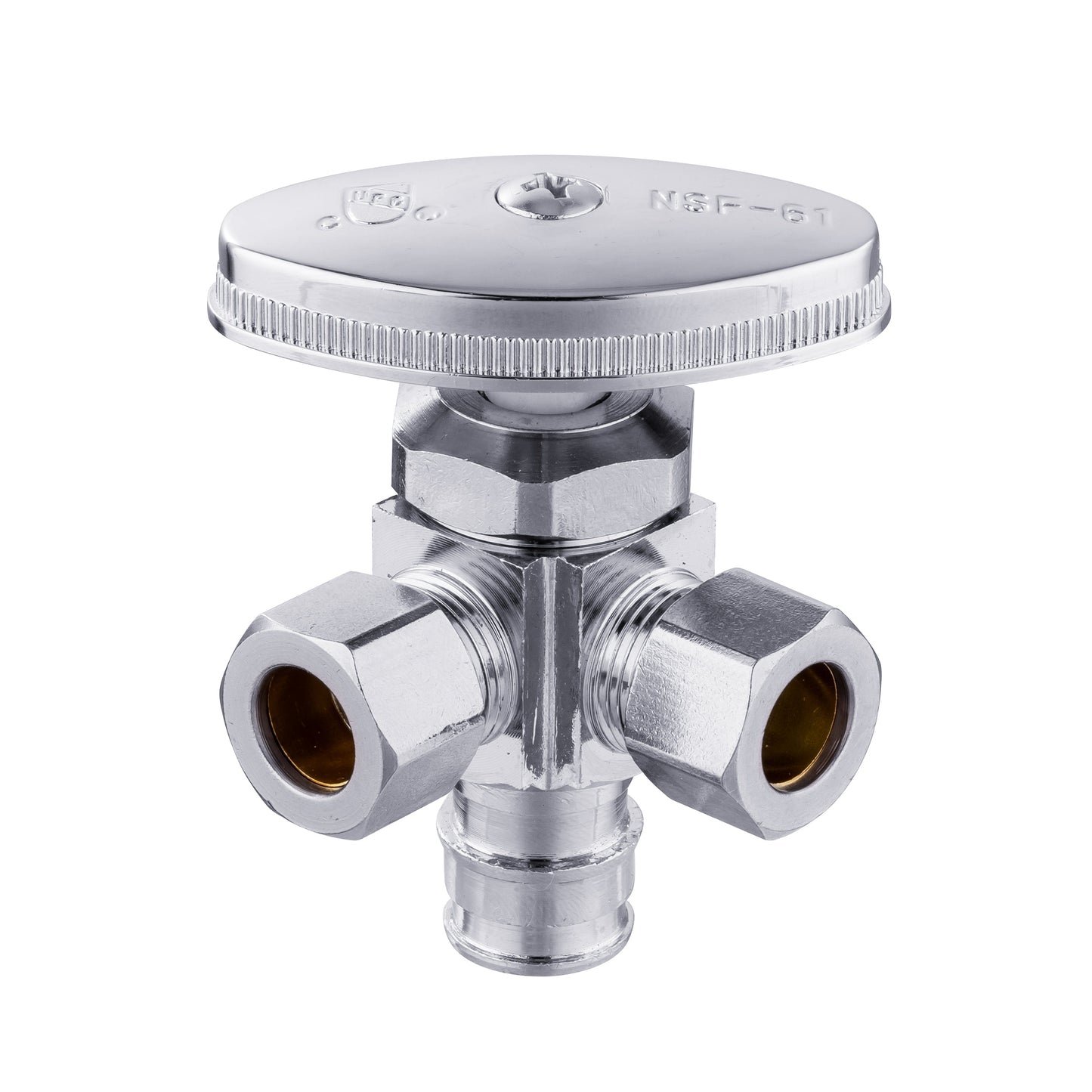 1/2" Pex-a Expansion (F1960) Inlet x 3/8" ODx 3/8" OD Compr. Dual Angle Stop Valve, Multi Turn (Lead Free)