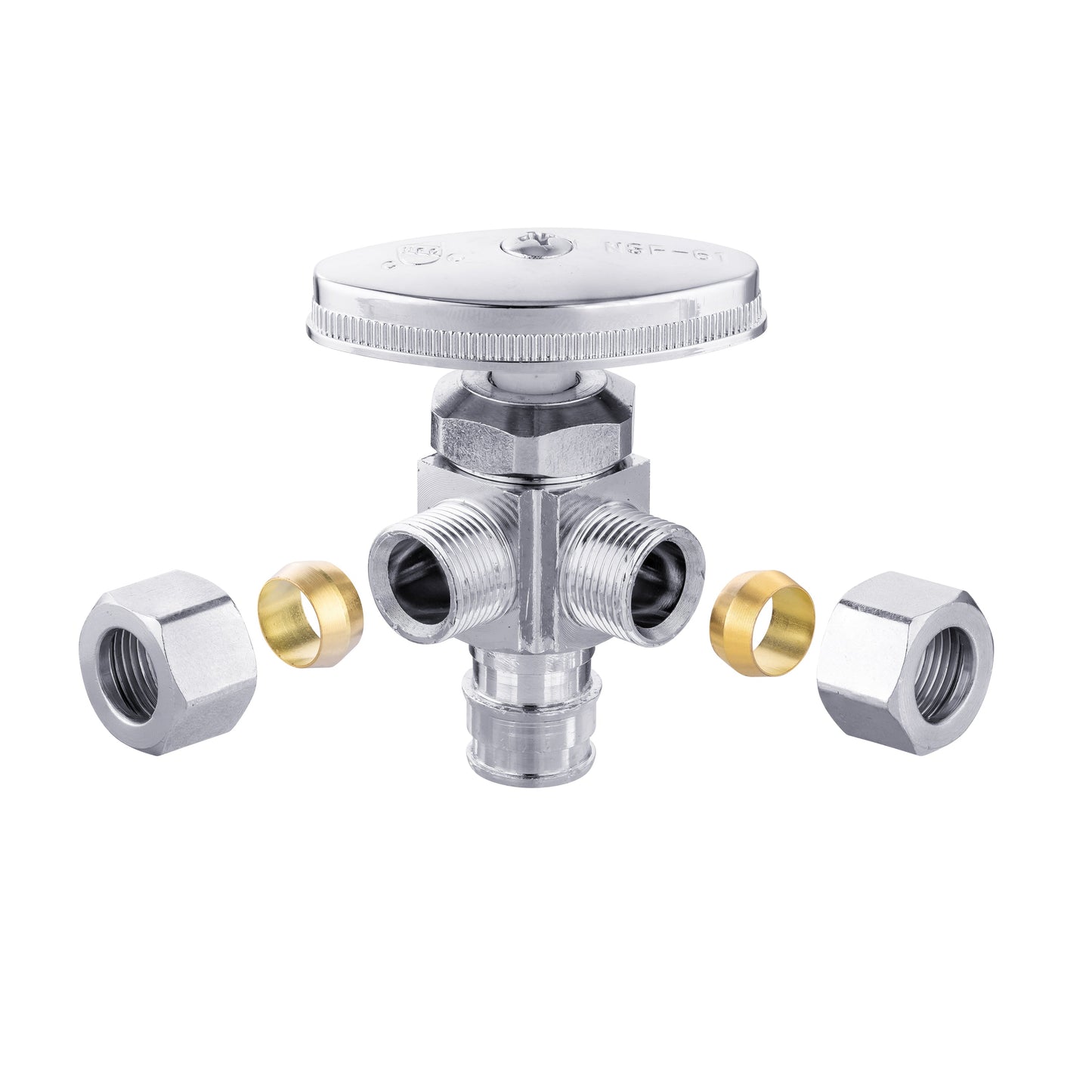 1/2" Pex-a Expansion (F1960) Inlet x 3/8" ODx 3/8" OD Compr. Dual Angle Stop Valve, Multi Turn (Lead Free)