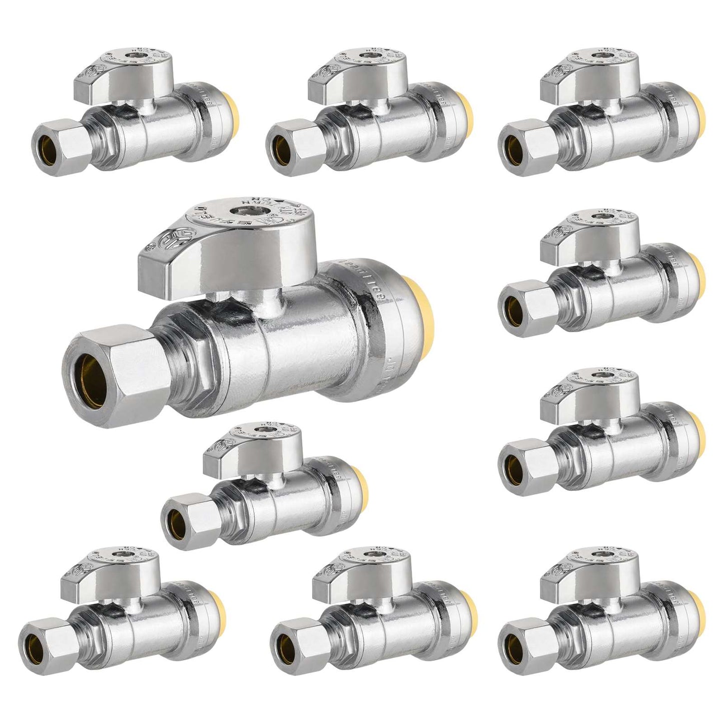 10 Pcs 1/2" Push Connect x 3/8" Compr. Straight Stop Valve, New Handle, 1/4 Turn (Lead Free)
