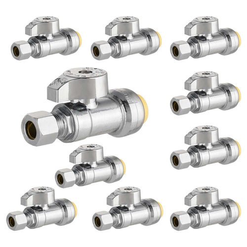 10 Pcs 1/2" Push Connect x 3/8" Compr. Straight Stop Valve, New Handle, 1/4 Turn (Lead Free) Plumbingsell