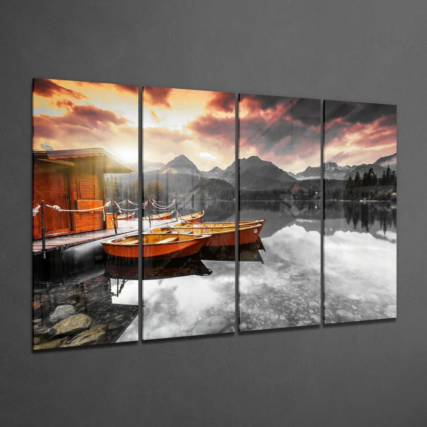 Insigneart USA Sunset and Boats 4 Pieces Mega Glass Wall Art (59"x36")