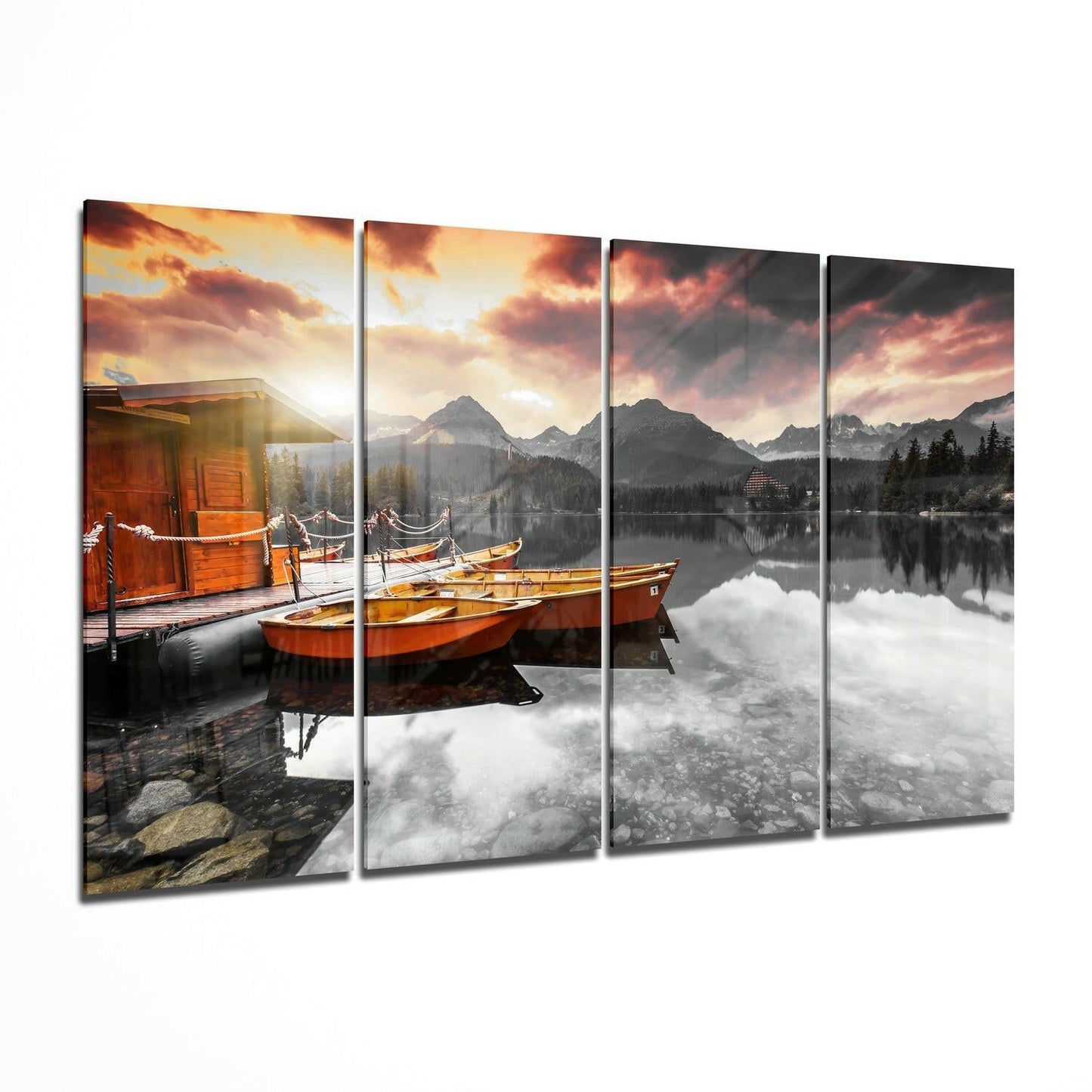 Insigneart USA Sunset and Boats 4 Pieces Mega Glass Wall Art (59"x36")