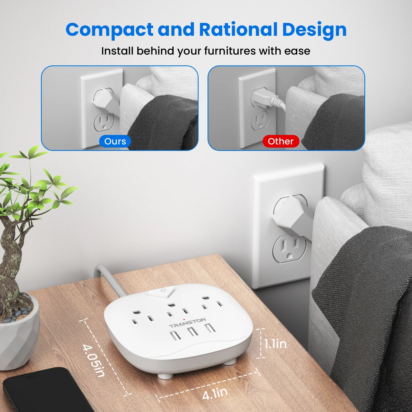 TRANSTONpower strip with switch, 3power strip , 3 USB Ports, 5ft Extension Cord, Quick Charge, Fire Resistant, For Home and off