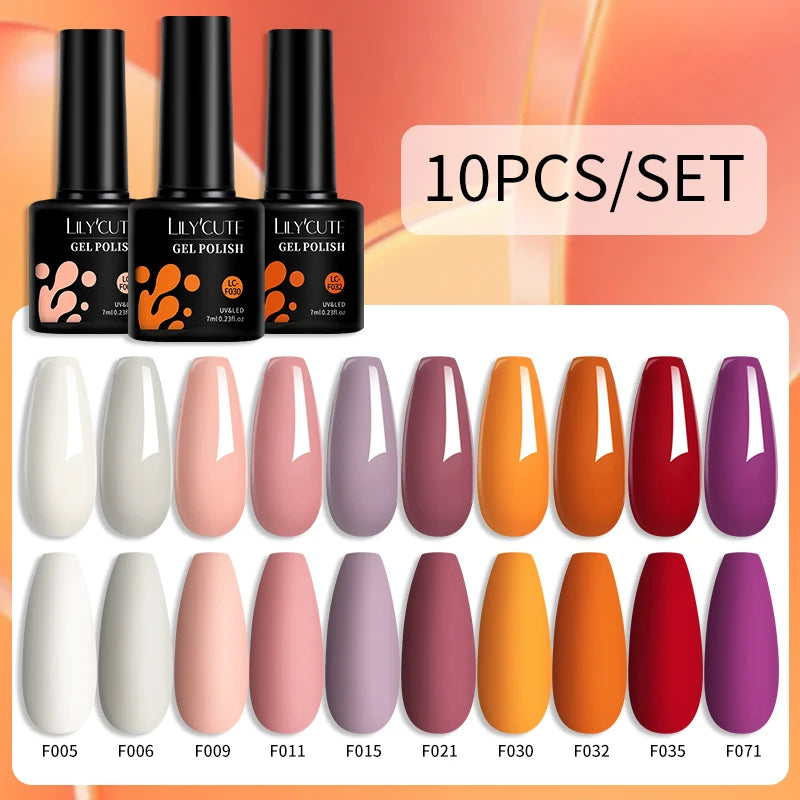 LILYCUTE 10PCS/Set Набір гель-лаків для нігтів Рожевий фіолетовий гель для нігтів Напівперманентний УФ світлодіодний лак Nail Art Design Soak Off Набір гелів для нігтів