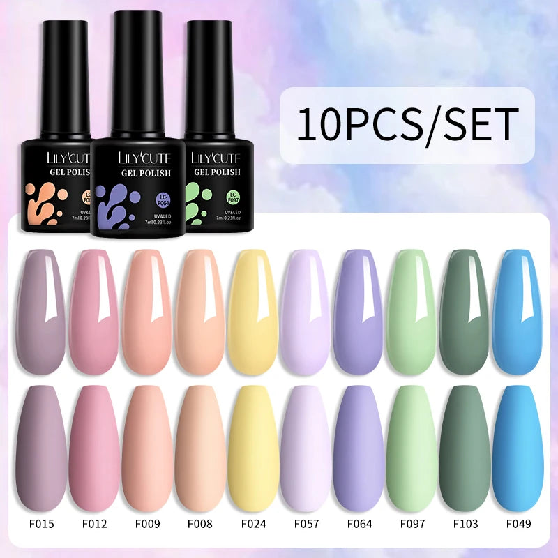 LILYCUTE 10PCS/Set Набір гель-лаків для нігтів Рожевий фіолетовий гель для нігтів Напівперманентний УФ світлодіодний лак Nail Art Design Soak Off Набір гелів для нігтів