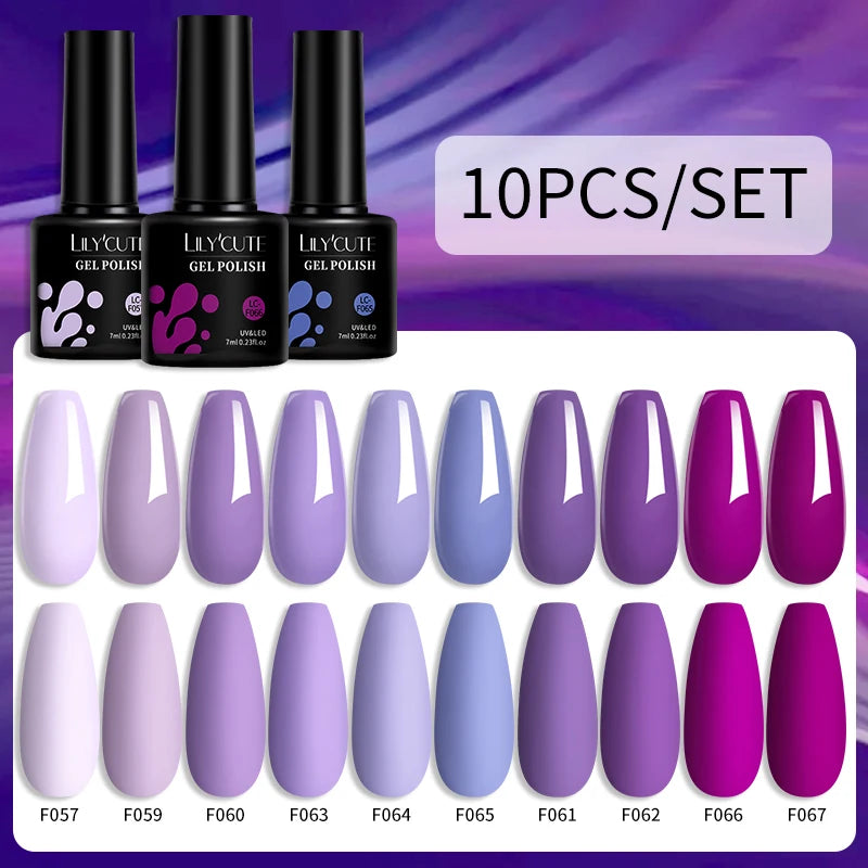 LILYCUTE 10PCS/Set Набір гель-лаків для нігтів Рожевий фіолетовий гель для нігтів Напівперманентний УФ світлодіодний лак Nail Art Design Soak Off Набір гелів для нігтів