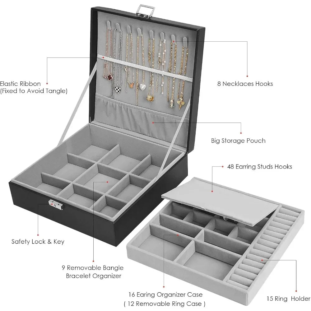 Jewelry Box, Jewelry Boxes for Women & Men with PU Leather, 2 Layer Large Jewelry Organizer Storage Case with Lock, for Necklace