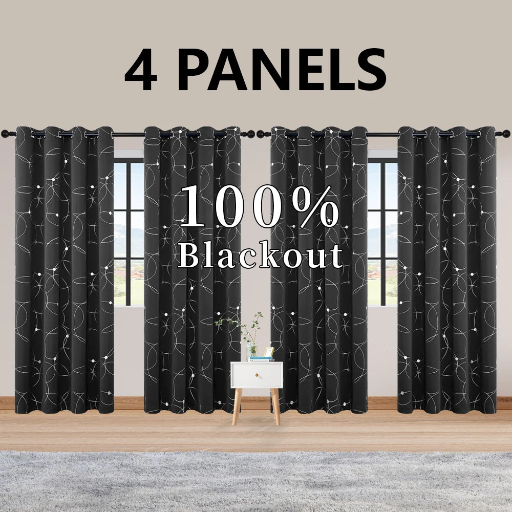 4PCSBlackout Curtains Grommet Thermal Insulated Room Darkening With Circle And Dots Foil Printed For Bedroom