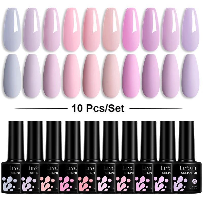 LILYCUTE 10PCS/Set Набір гель-лаків для нігтів Рожевий фіолетовий гель для нігтів Напівперманентний УФ світлодіодний лак Nail Art Design Soak Off Набір гелів для нігтів
