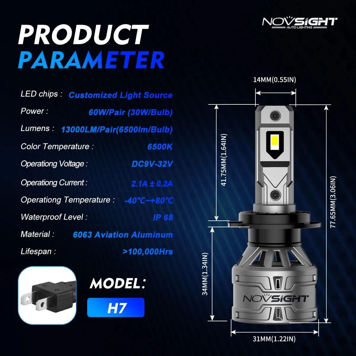 NOVSIGHT H7 Led Car Lamps H4 H11 H8 H9 9005 HB3 9006 HB4 H1 H3 Car Headlight Bulbs 60W 13000LM 6500K Plug and Play LED Headlight