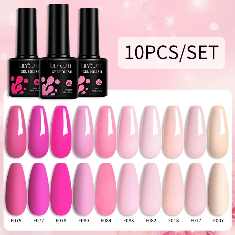 LILYCUTE 10PCS/Set Набір гель-лаків для нігтів Рожевий фіолетовий гель для нігтів Напівперманентний УФ світлодіодний лак Nail Art Design Soak Off Набір гелів для нігтів