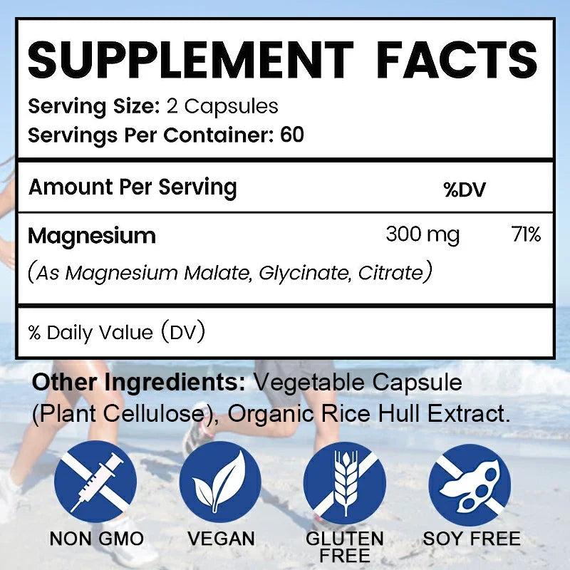 Triple Magnesium Complex | 300 mg Magnesium Glycinate, Malate & Citrate, Muscle, Nerve & Energy Support, 120 Capsules