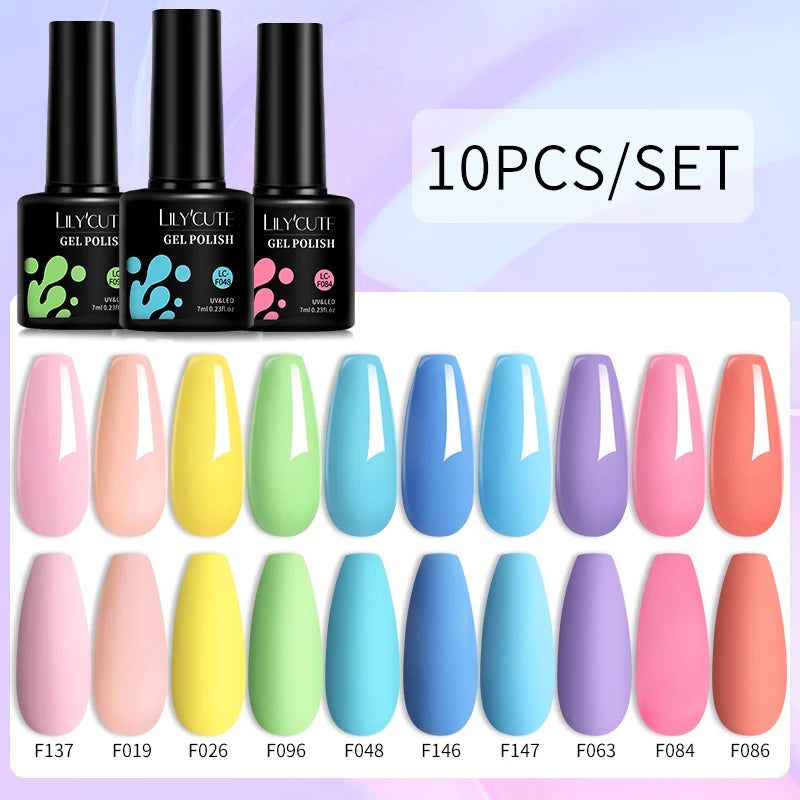 LILYCUTE 10PCS/Set Набір гель-лаків для нігтів Рожевий фіолетовий гель для нігтів Напівперманентний УФ світлодіодний лак Nail Art Design Soak Off Набір гелів для нігтів